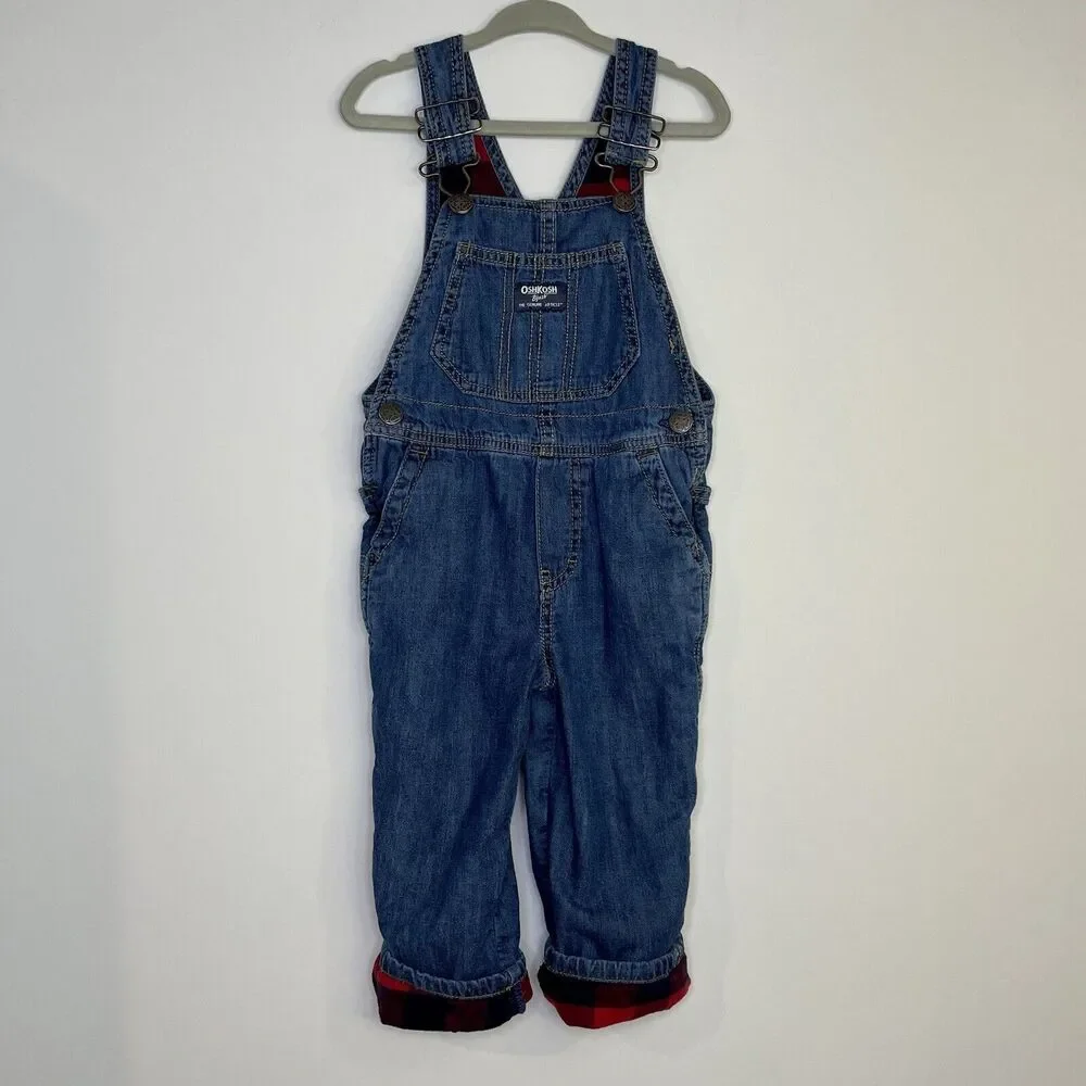 OshKosh B'gosh Plaid Overalls Kids 2T Dark Wash Flannel Lined Toddler Photos